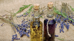 Two bottles of oils standing surrounded by various herbs.