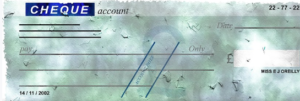 Image of a blank cheque with two diagonal lines drawn through.