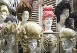 Wigs in various styles and colours from the 18th century.