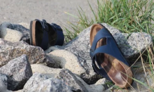 Pair of blue sandals abandoned on some rocks and grass.