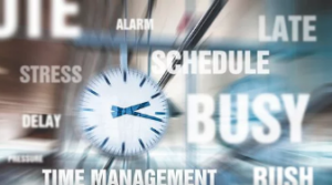 A clock surrounded by words like late, busy schedule, time management etc.