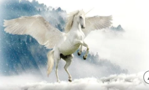 Image of Pegasus, the mythical white horse with his wings outstretched above the clouds.