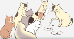 A cat explaining a strategy to other cats in a semi-circle.