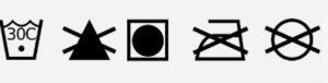 Row of laundry care symbols: wash at 30 degrees, do not bleach, tumble dry, do not iron, do not dry clean