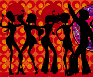Silhouettes of people dancing before a red lit background.