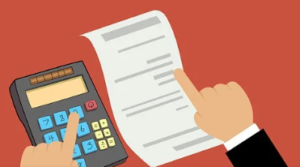 Hands using a calculator and a list.