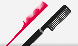 A red tail comb beside a black wide-toothed comb.