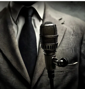 Chest of a man in a suit behind a microphone.
