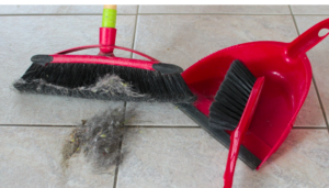Image of a red broom and dustpan with the dirt in front of them.