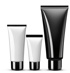 Three black and white tubes for products in different sizes.