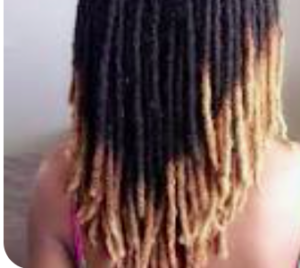 Black dreads with pale blonde ombre ends.