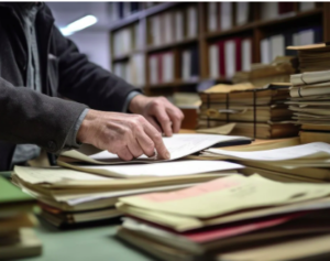 Hands of a person sorting papers and files.