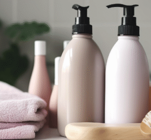 Shampoo bottles, towels and a brush in pastel colors.