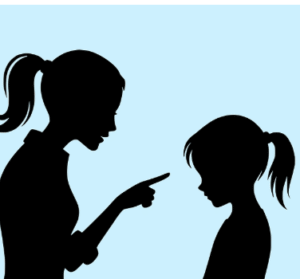 Silhouette of mature female scolding a girl holding her head down.