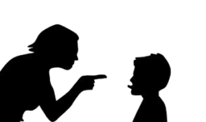 Silhouette of mature female scolding a boy sticking his tongue out.