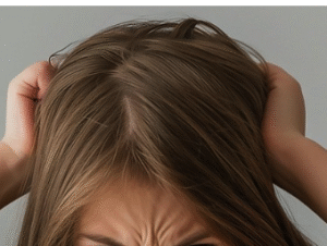 Females hands gripping light blond hair at side of head.