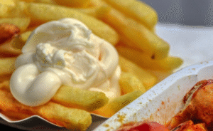 Fries with mayonnaise and chicken.