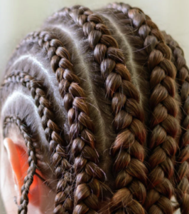 Brown hair braided backwards.