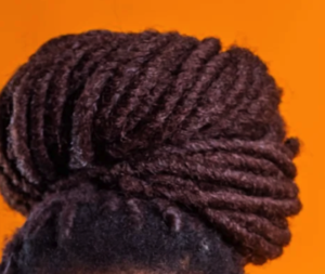Long brown braids wrapped in a large bun.
