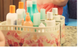 A basket of hair care products.