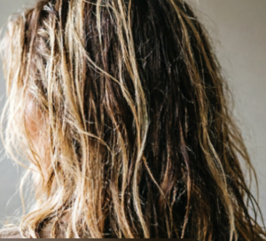 The back of uncombed blonde hair on a female.