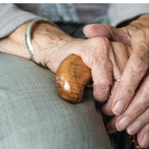 Hands of an elderly person on their lap holding a cane.