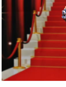 A red carpet running up a staircase between gold rope barriers